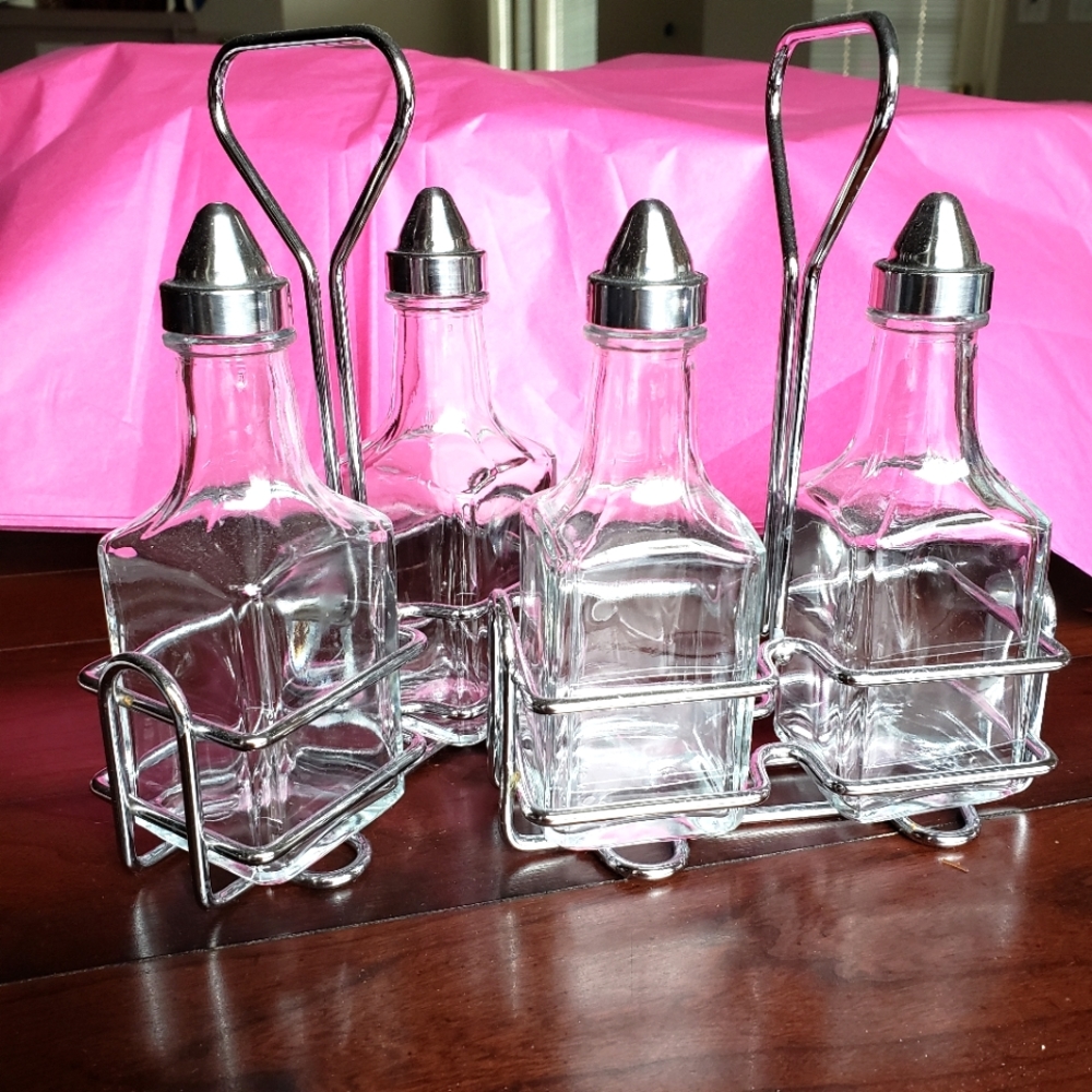 2 Sets, Oil & Vinegar Bottles w/ Metal Caddy & Oil & Vinegar Glass Shakers - Picture 10 of 11
